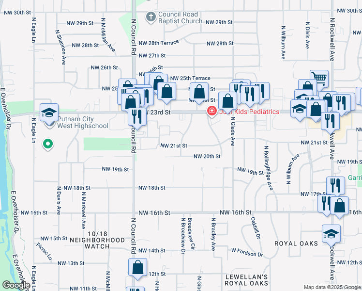 map of restaurants, bars, coffee shops, grocery stores, and more near 2305 North Thompkins Avenue in Bethany