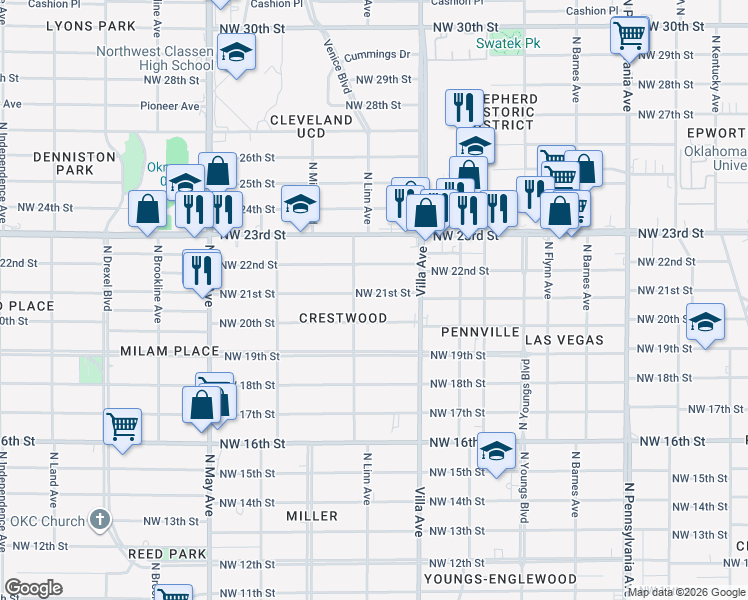 map of restaurants, bars, coffee shops, grocery stores, and more near 2541 Northwest 21st Street in Oklahoma City