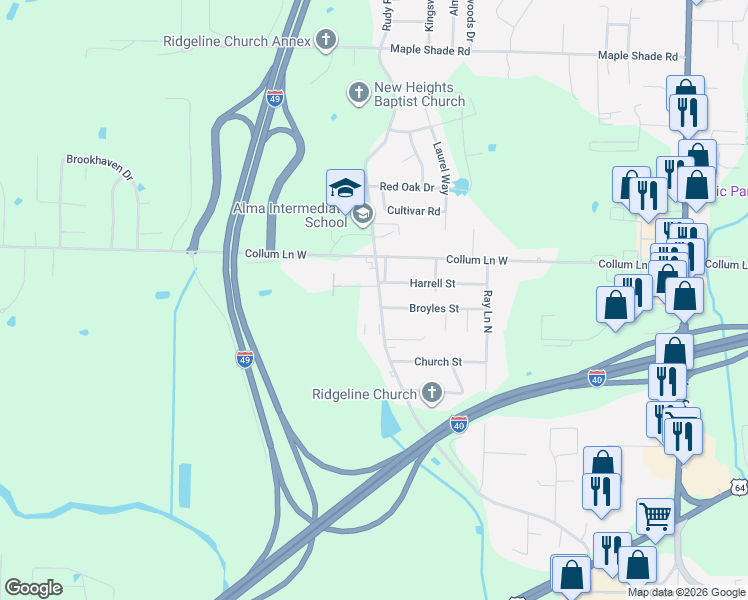 map of restaurants, bars, coffee shops, grocery stores, and more near 527 Rudy Road in Alma