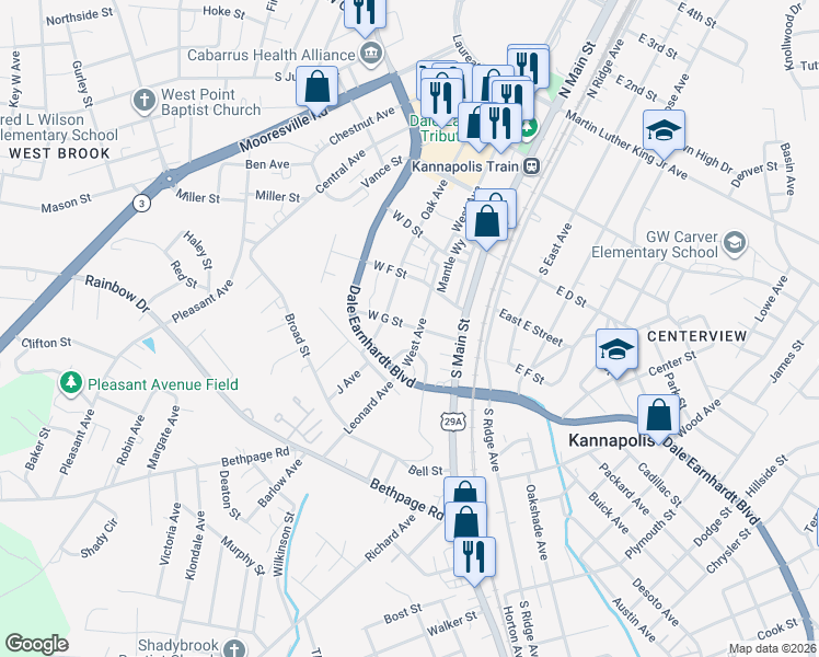 map of restaurants, bars, coffee shops, grocery stores, and more near 428 West Avenue in Kannapolis