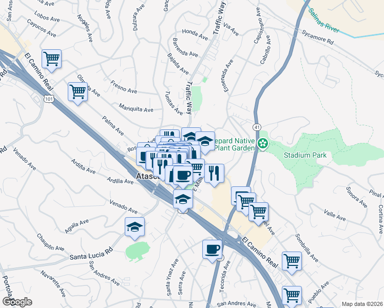 map of restaurants, bars, coffee shops, grocery stores, and more near 6100 Olmeda Avenue in Atascadero