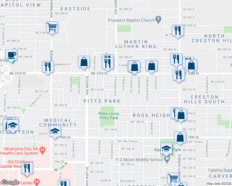map of restaurants, bars, coffee shops, grocery stores, and more near 2140 North Prospect Avenue in Oklahoma City