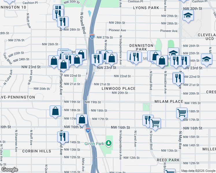 map of restaurants, bars, coffee shops, grocery stores, and more near 3341 Northwest 21st Street in Oklahoma City