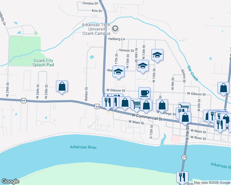map of restaurants, bars, coffee shops, grocery stores, and more near 1608 West Gibson Street in Ozark