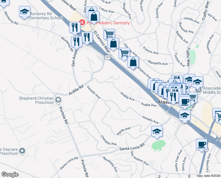 map of restaurants, bars, coffee shops, grocery stores, and more near 5200 Ardilla Avenue in Atascadero