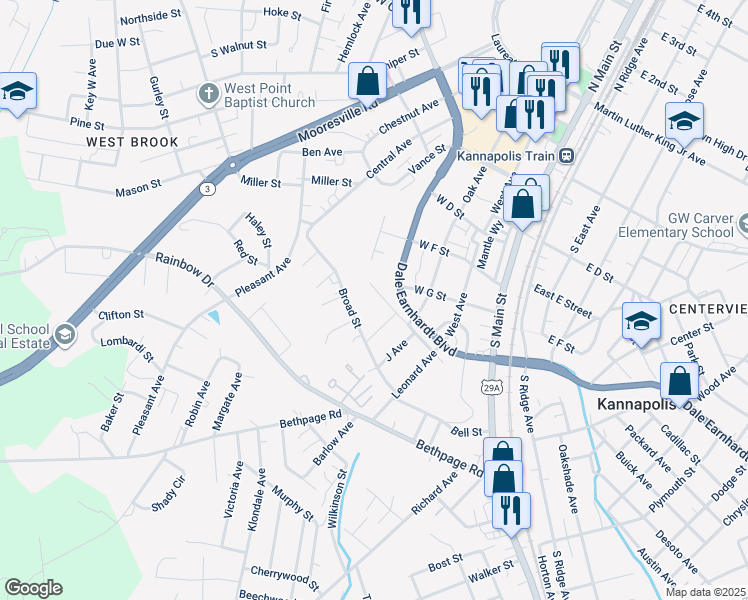 map of restaurants, bars, coffee shops, grocery stores, and more near 425 Gay Street in Kannapolis