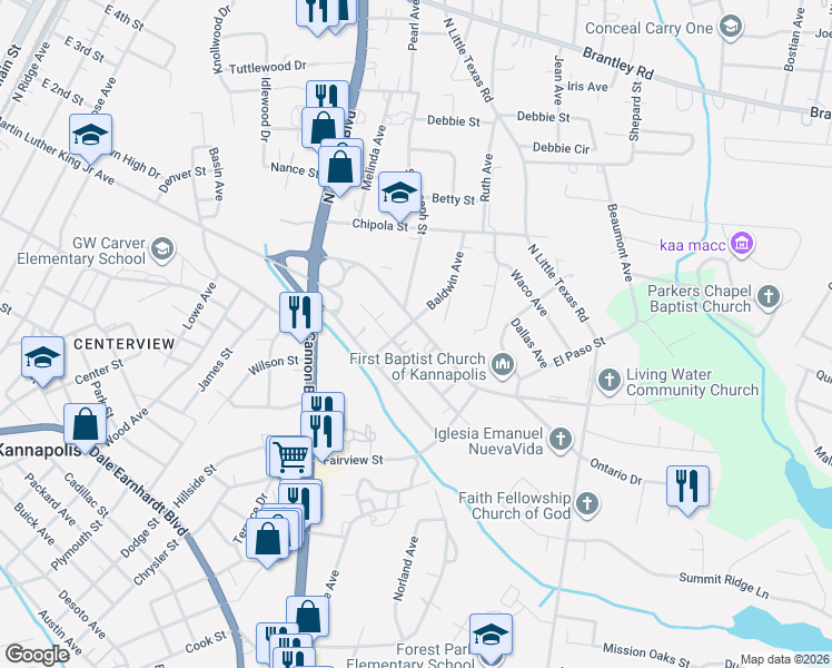 map of restaurants, bars, coffee shops, grocery stores, and more near 1201 East 1st Street in Kannapolis