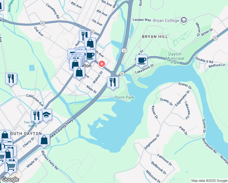 map of restaurants, bars, coffee shops, grocery stores, and more near 185 Chickamauga Drive in Dayton