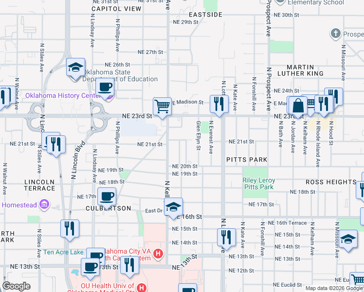 map of restaurants, bars, coffee shops, grocery stores, and more near 1119 Northeast 21st Street in Oklahoma City