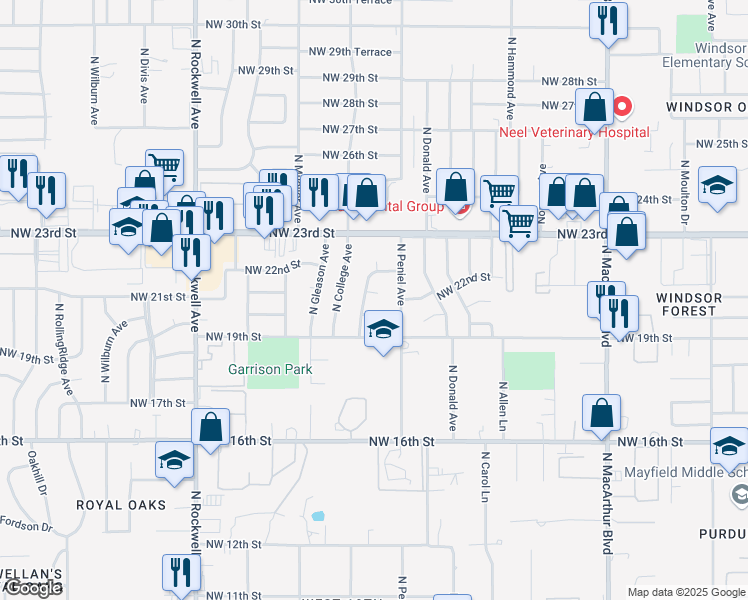 map of restaurants, bars, coffee shops, grocery stores, and more near 6608 North Keeton Circle in Bethany