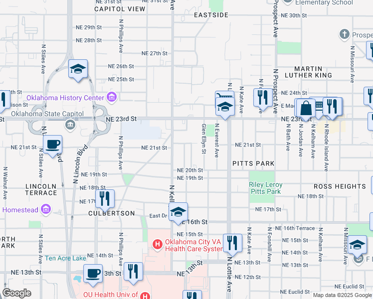 map of restaurants, bars, coffee shops, grocery stores, and more near 1119 Northeast 21st Street in Oklahoma City