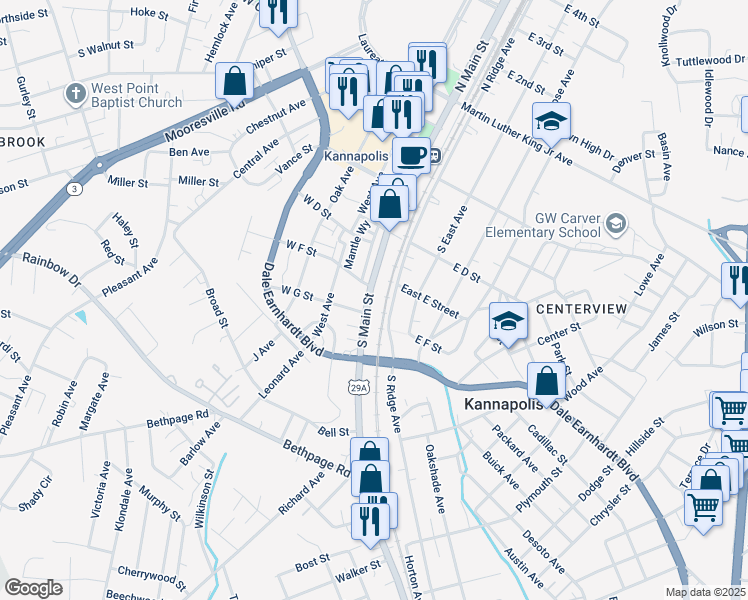 map of restaurants, bars, coffee shops, grocery stores, and more near 421 South Main Street in Kannapolis