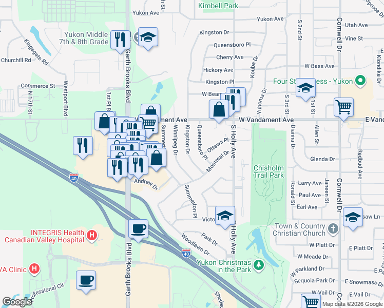 map of restaurants, bars, coffee shops, grocery stores, and more near 1200 Kingston Drive in Yukon