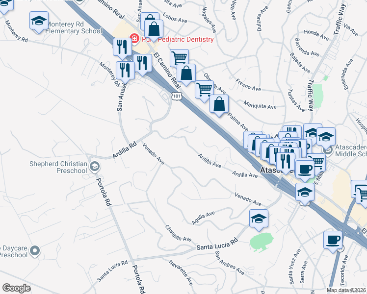 map of restaurants, bars, coffee shops, grocery stores, and more near 5200 Ardilla Avenue in Atascadero