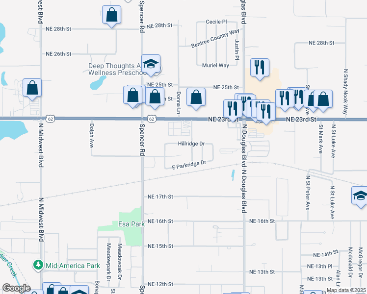 map of restaurants, bars, coffee shops, grocery stores, and more near 8653 Hillridge Drive in Oklahoma City