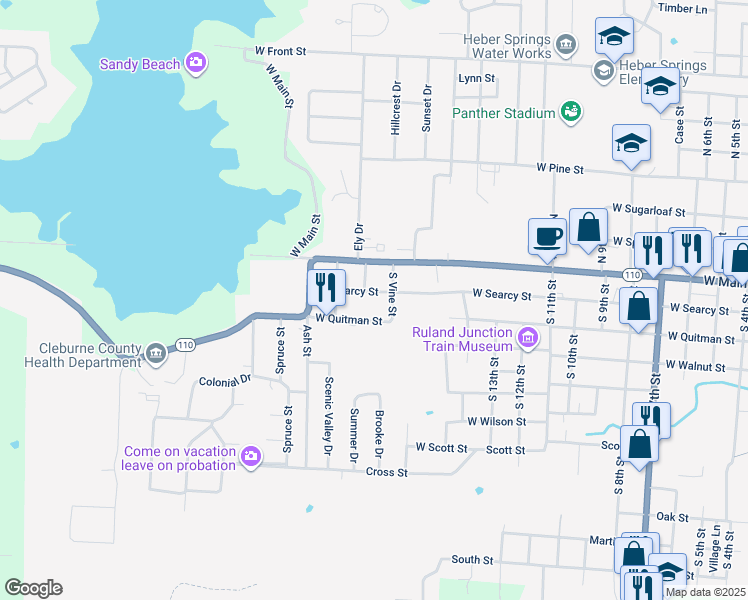 map of restaurants, bars, coffee shops, grocery stores, and more near 1715 West Searcy Street in Heber Springs