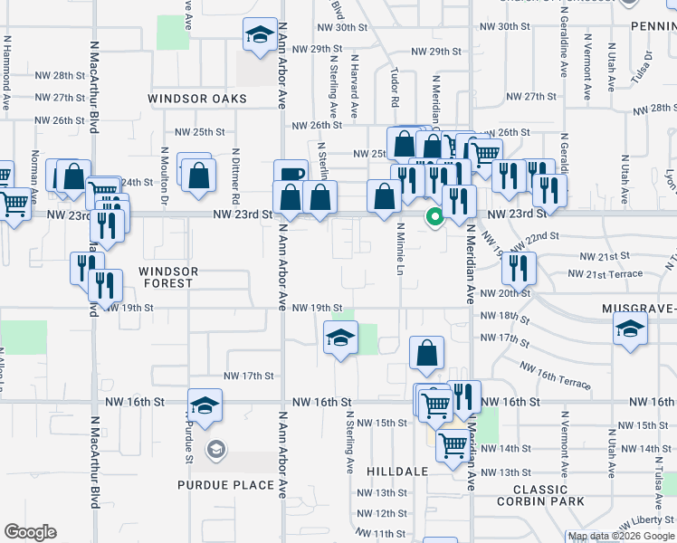 map of restaurants, bars, coffee shops, grocery stores, and more near 5106 Northwest 23rd Street in Oklahoma City