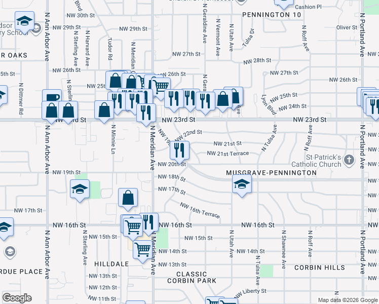 map of restaurants, bars, coffee shops, grocery stores, and more near 4324 Northwest 21st Street in Oklahoma City