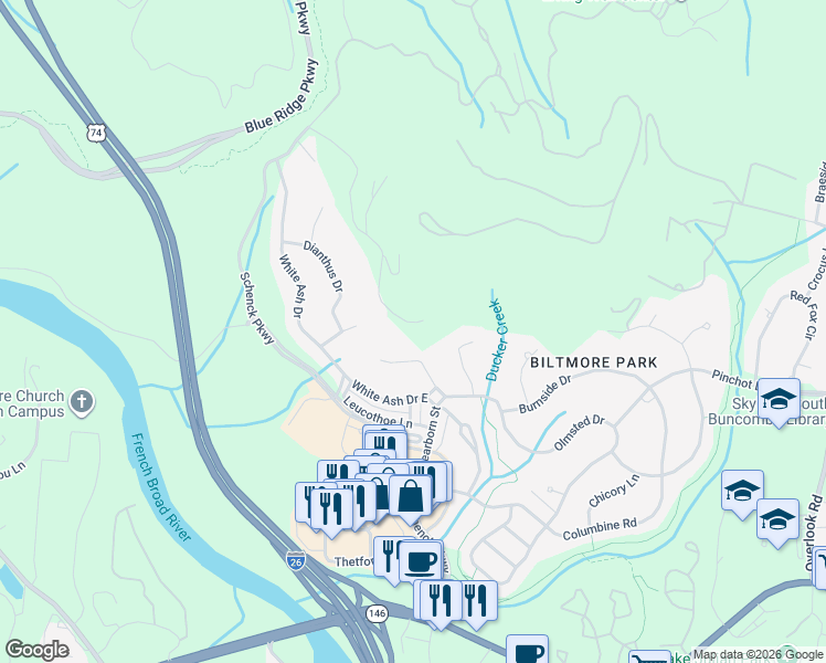 map of restaurants, bars, coffee shops, grocery stores, and more near 453 Coopers Hawk Drive in Asheville