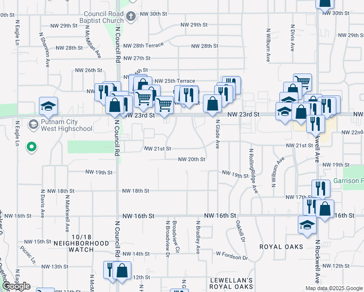 map of restaurants, bars, coffee shops, grocery stores, and more near 7705 Northwest 21st Street in Bethany