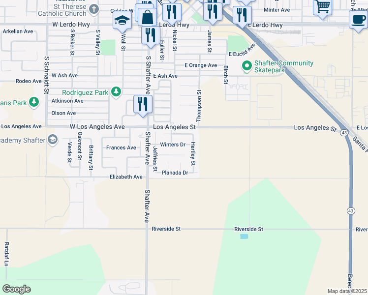 map of restaurants, bars, coffee shops, grocery stores, and more near 214 Winters Drive in Shafter