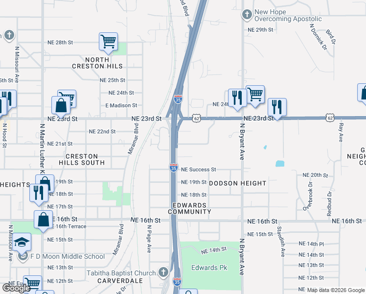 map of restaurants, bars, coffee shops, grocery stores, and more near 2621 Northeast 21st Street in Oklahoma City