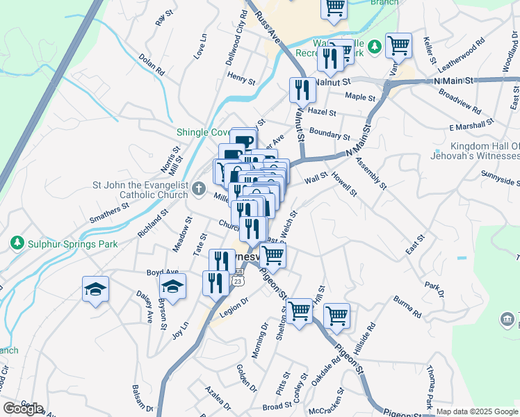 map of restaurants, bars, coffee shops, grocery stores, and more near 135 North Main Street in Waynesville