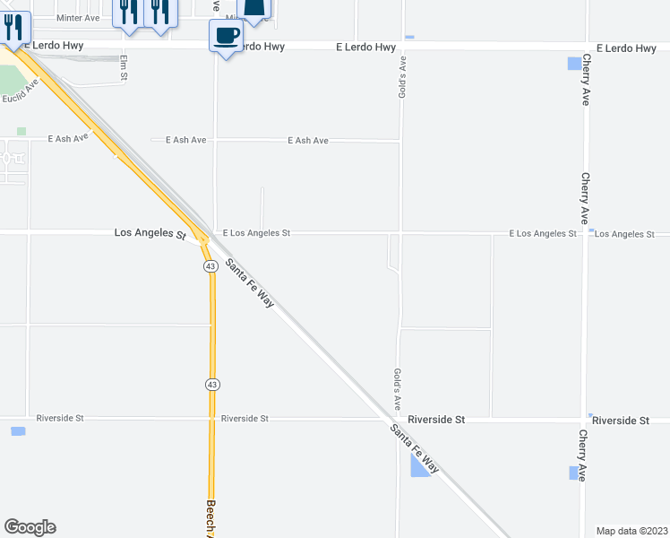 map of restaurants, bars, coffee shops, grocery stores, and more near 1499 East Los Angeles Avenue in Shafter