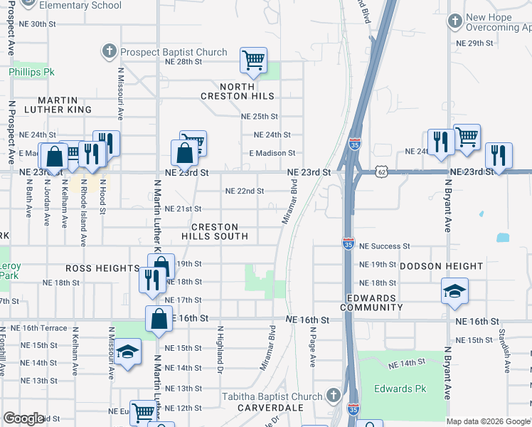 map of restaurants, bars, coffee shops, grocery stores, and more near 2317 Northeast 21st Street in Oklahoma City