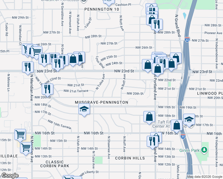 map of restaurants, bars, coffee shops, grocery stores, and more near 2138 North Sapulpa Avenue in Oklahoma City