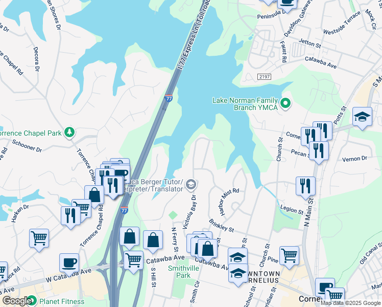 map of restaurants, bars, coffee shops, grocery stores, and more near 18829 Victoria Bay Drive in Cornelius