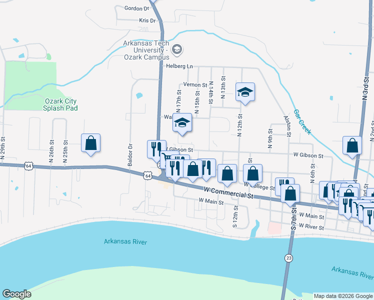 map of restaurants, bars, coffee shops, grocery stores, and more near 1608 West Gibson Street in Ozark