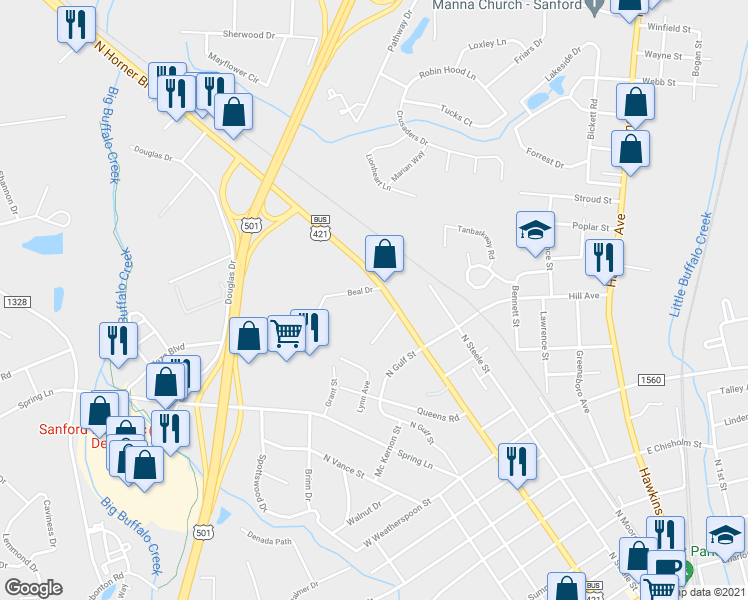 map of restaurants, bars, coffee shops, grocery stores, and more near 303 Beal Drive in Sanford
