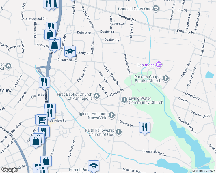 map of restaurants, bars, coffee shops, grocery stores, and more near 125 Waco Avenue in Kannapolis
