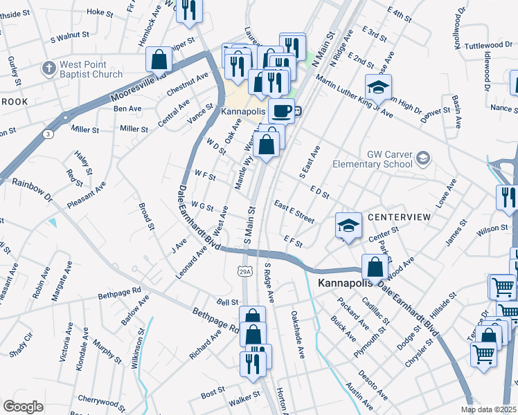 map of restaurants, bars, coffee shops, grocery stores, and more near 421 South Main Street in Kannapolis