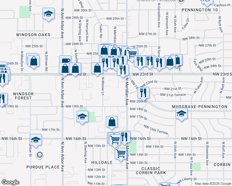 map of restaurants, bars, coffee shops, grocery stores, and more near 2221 North Meridian Avenue in Oklahoma City