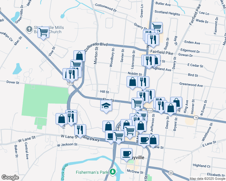 map of restaurants, bars, coffee shops, grocery stores, and more near 502 Hill Street in Shelbyville