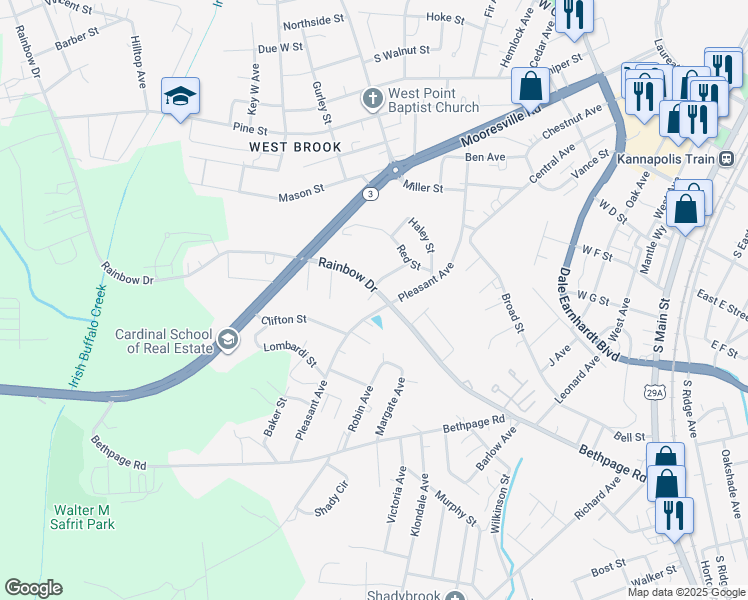 map of restaurants, bars, coffee shops, grocery stores, and more near 1007 Rainbow Drive in Kannapolis