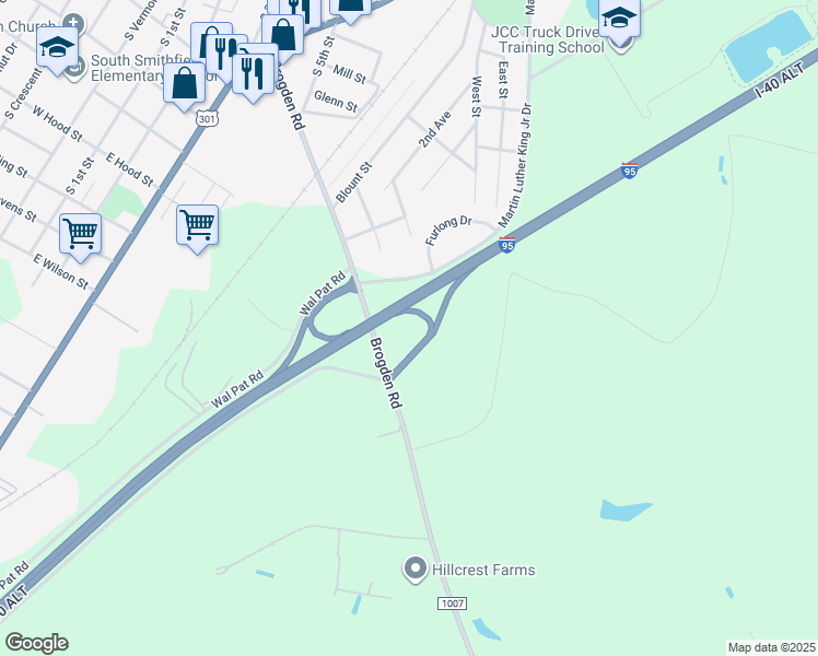 map of restaurants, bars, coffee shops, grocery stores, and more near Brogden Road in Smithfield