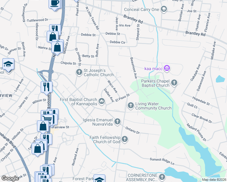 map of restaurants, bars, coffee shops, grocery stores, and more near 125 Waco Avenue in Kannapolis