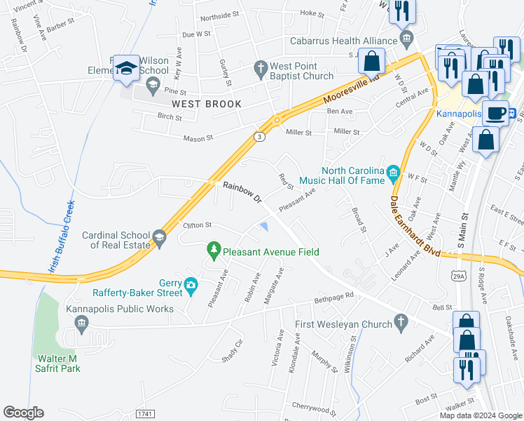 map of restaurants, bars, coffee shops, grocery stores, and more near 1009 Rainbow Drive in Kannapolis
