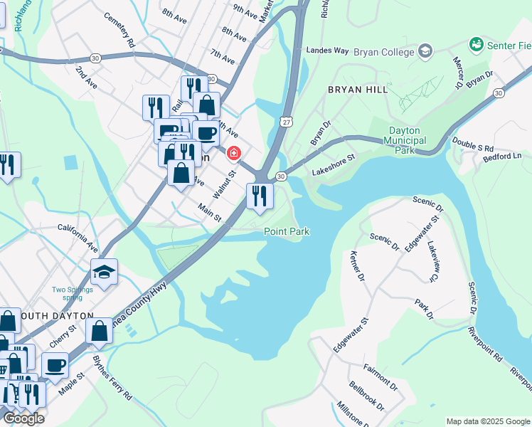 map of restaurants, bars, coffee shops, grocery stores, and more near 185 Chickamauga Drive in Dayton