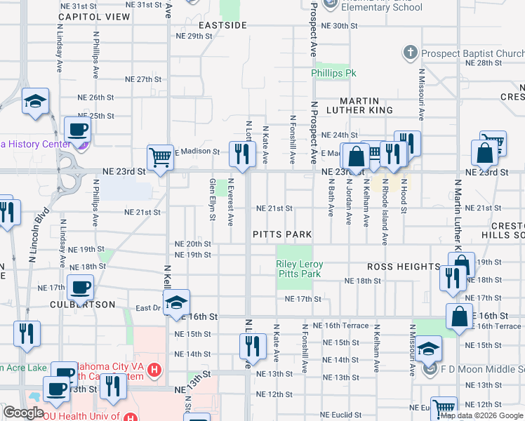 map of restaurants, bars, coffee shops, grocery stores, and more near 2204 North Kate Avenue in Oklahoma City