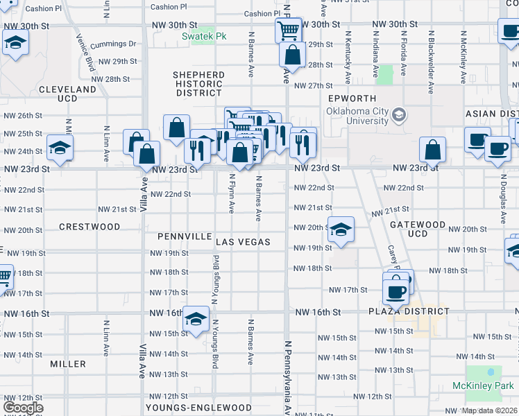 map of restaurants, bars, coffee shops, grocery stores, and more near 2200 Northwest 22nd Street in Oklahoma City