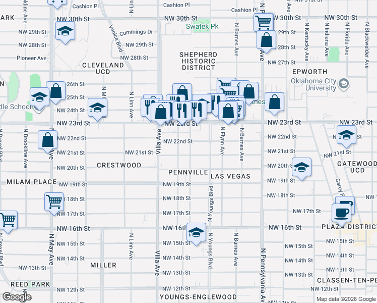 map of restaurants, bars, coffee shops, grocery stores, and more near 2334 Northwest 22nd Street in Oklahoma City