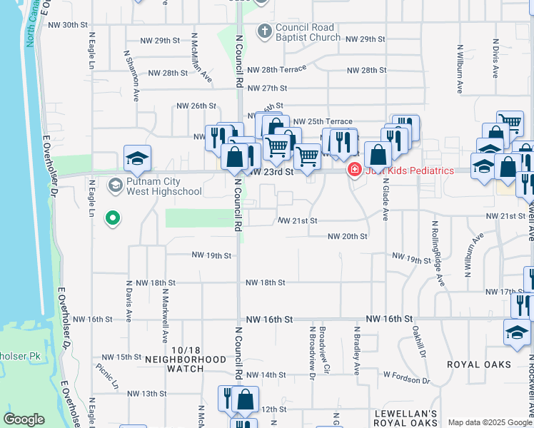 map of restaurants, bars, coffee shops, grocery stores, and more near 7930 Northwest 21st Street in Bethany