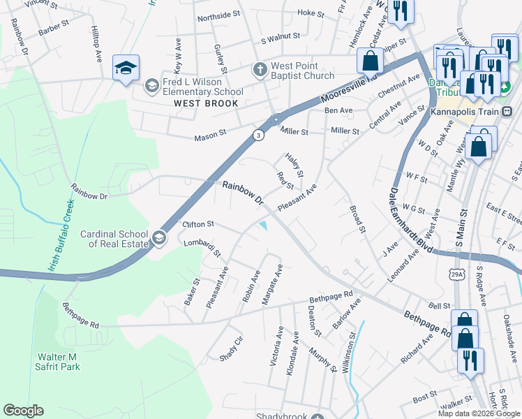 map of restaurants, bars, coffee shops, grocery stores, and more near 1005 Rainbow Drive in Kannapolis