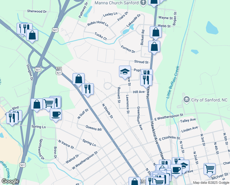 map of restaurants, bars, coffee shops, grocery stores, and more near 109 Hill Avenue in Sanford