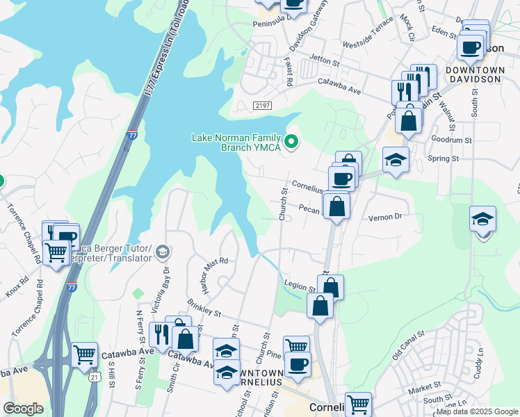 map of restaurants, bars, coffee shops, grocery stores, and more near 21108 Pecan Street in Cornelius
