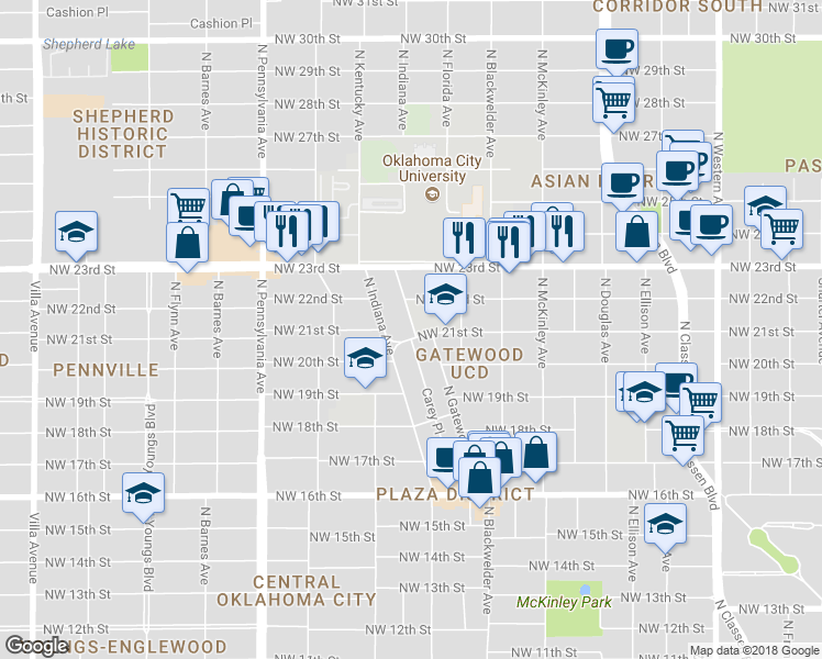 map of restaurants, bars, coffee shops, grocery stores, and more near 2205 North Gatewood Avenue in Oklahoma City